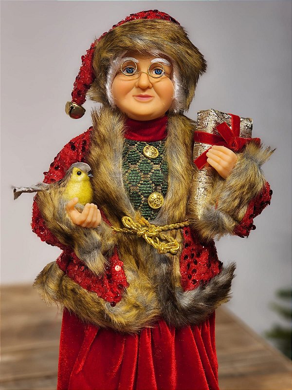 MAMÃE NOEL EM PÉ VERMELHO COM PÁSSARO 45CM